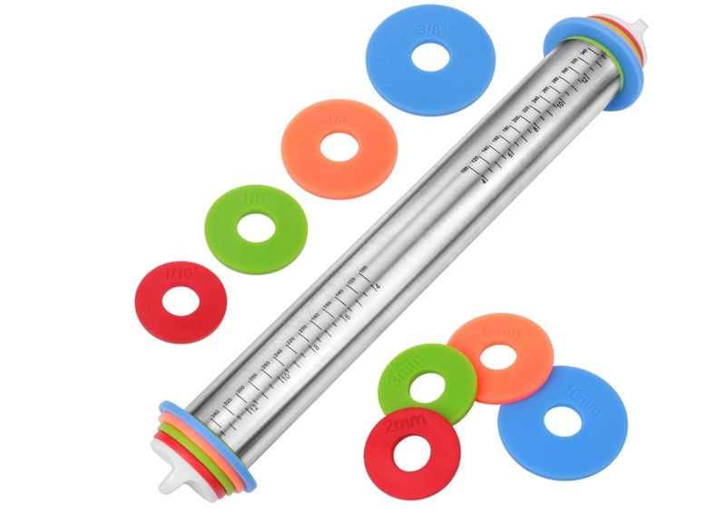 Adjustable Rolling Pin with Thickness Rings for Baking, Stainless Steel