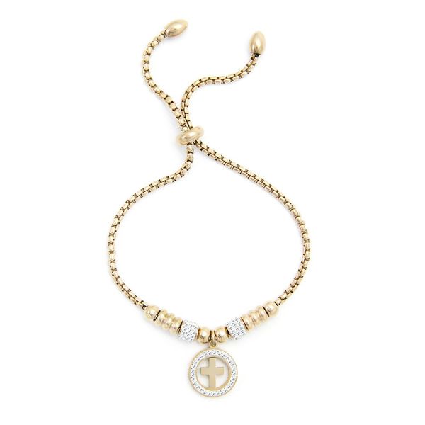 Cazabella Stainless Steel Rose Gold Adjustable Bracelet With Crucifix