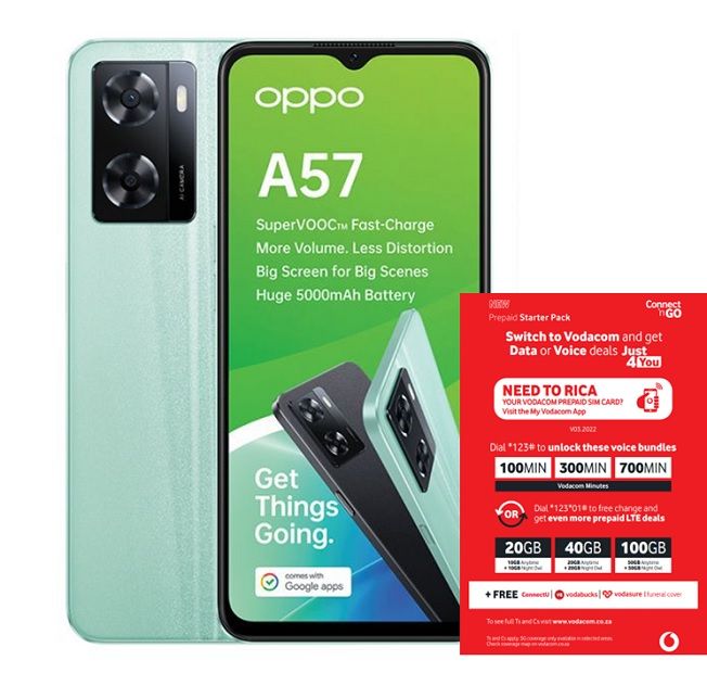 OPPO A57 64GB Dual Sim - Glowing Green + Vodacom Sim Card Pack