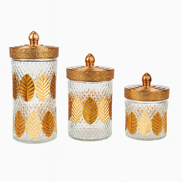 Premium Crystal Glass Canister Set with Gold Leaf Design - Set of 3