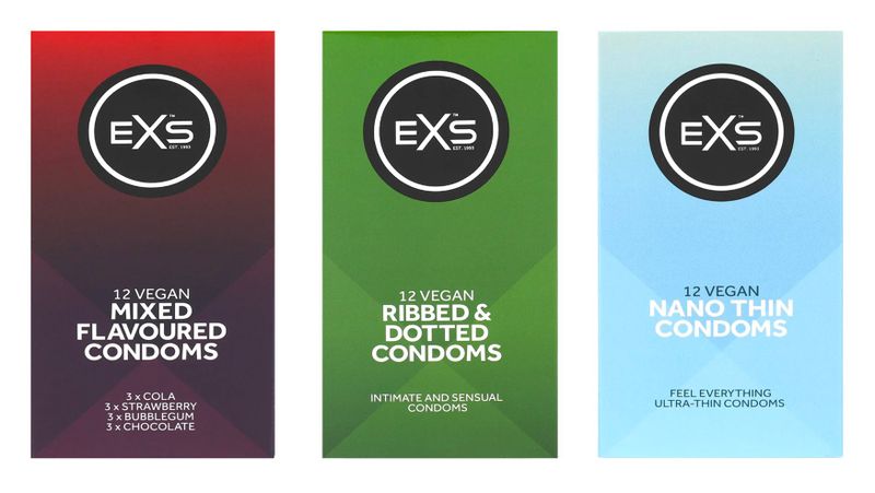EXS Trifecta Pack: Nano Thin, Ribbed &amp; Dotted, Mixed Flavoured Condoms