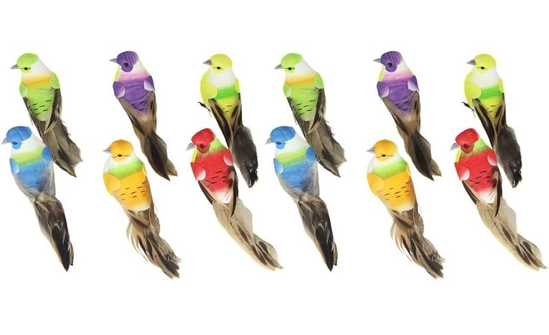 Vibrant Artificial Feathered Birds For Home Decor - Set of 12