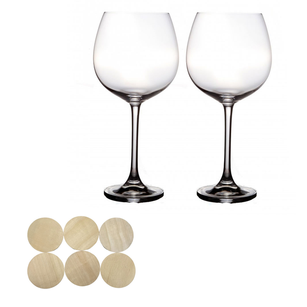 2 Piece Bar Retro Gin Glasses With 6 Set Reusable Round Wooden Drink Coasters