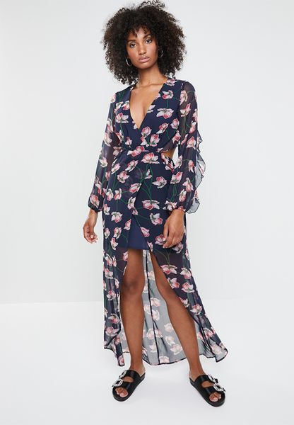 Women's Missguided Open Back Floral Midi Dress - Navy