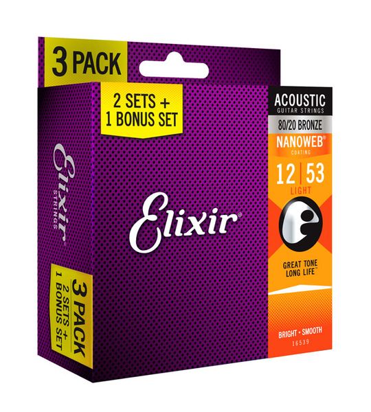 Elixir 16539 Acoustic Light 80/20 Bronze Nanoweb 0.12-0.53 3-PACK