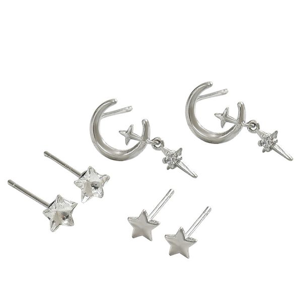 EH4593-4 Silver Moon Star with Zirconia for Multiple Piercings - 3 Pairs