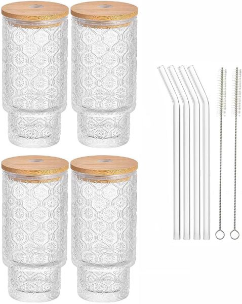 Drinking Glass Cup With Bamboo Lids And Straw - 4-Pack