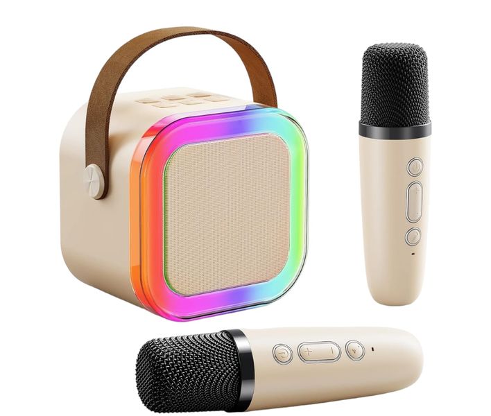 Karaoke Speaker with Dual Mics + Bluetooth + RGB Lights - Beige