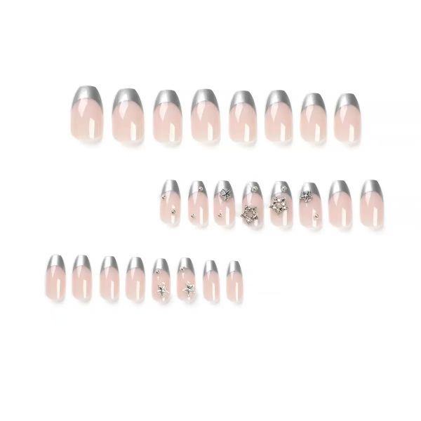 French Sweet Pink And Silver Nail Art Simple False Nails