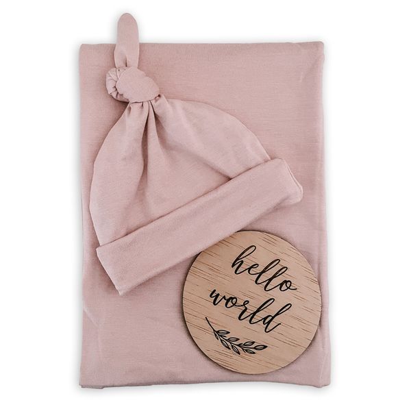 Dusty Pink Baby Stretch Swaddle Knotted Beanie &amp; Hello World Disc