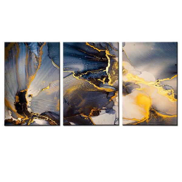 Canvas-Art-3 Pieces Modern Navy Blue and Golden Marble Abstract Wall Art