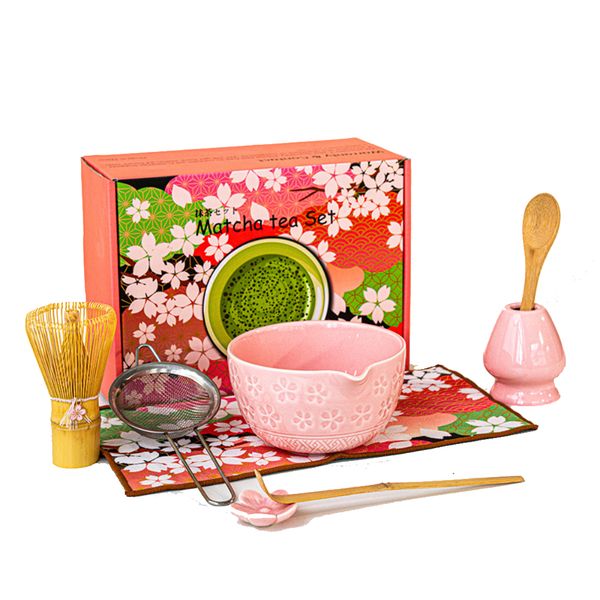 Style Cherry Blossom Matcha Tea Set, Ceramic Matcha Bowl with Mouth
