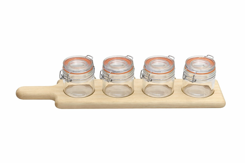 Glass Spice Jar And Wooden Stand - 5 Pieces