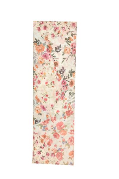 White Chiffon Floral Rectangular Scarf with Pink &amp; Orange Vintage Flowers