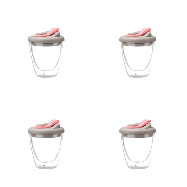 4 Pack Glass Double-Layer Cup With Lid 250ml - Pink/Transparent
