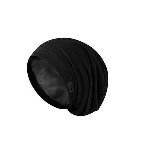 Satin Lined Sleep Cap Bonnet, Adjustable Strap, for Curly Hair Braids,Black