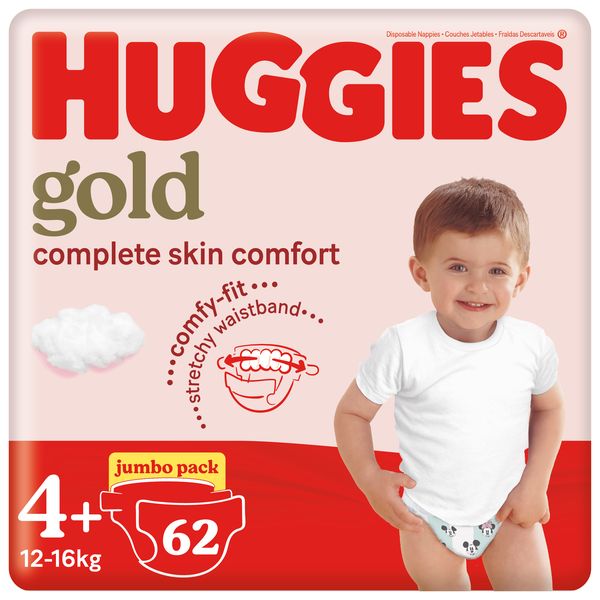 Huggies Gold Disposable Nappies - Size 4+ Baby - 62 Nappies Jumbo Pack
