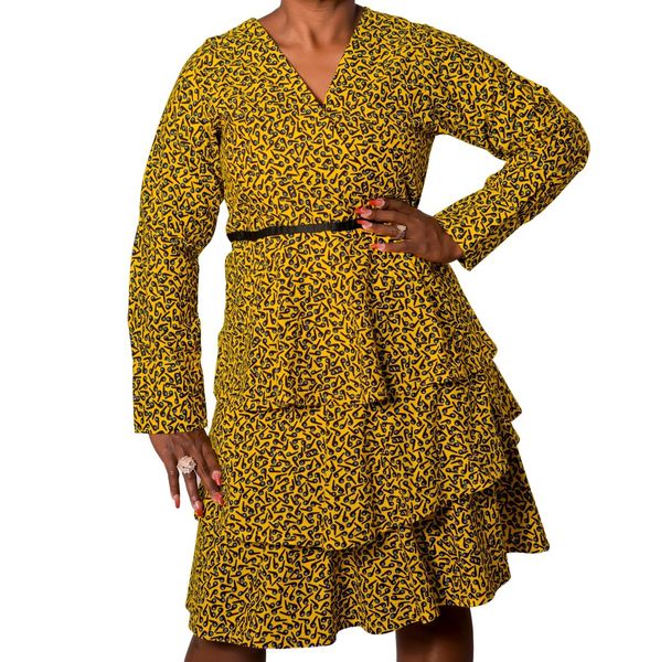 Royalty Collections Women's Sophia Ankara Long Sleeve Dress - Yellow/Black