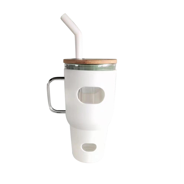 1.1L Reusable Glass Tumbler Cup with Bamboo Lid and Straw