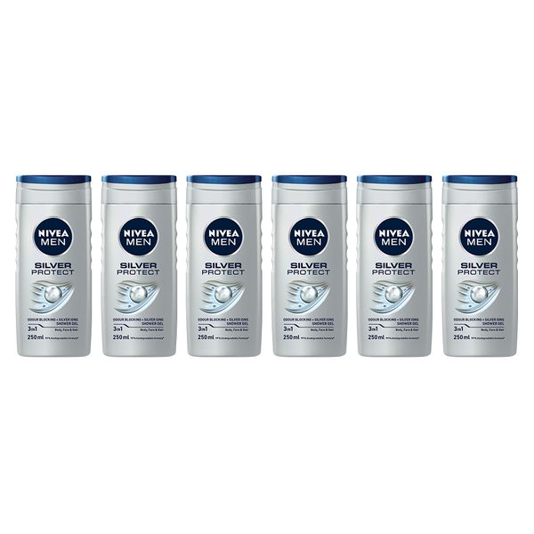 NIVEA MEN Silver Protect 3in1 Shower Gel Wash, Anti-germ Protection 6x250ml
