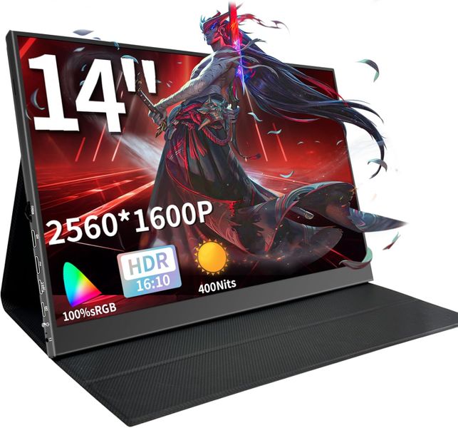 WUFK 14" Portable Monitor, 2.5K 2560×1600, HDR, IPS, USB-C/HDMI, 100% sRGB