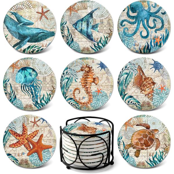 Absorbing Stone Sea Ocean Life Coasters for Drinks, Cork Base with Holder