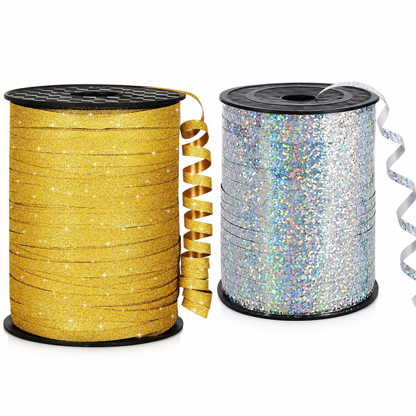 2 Pcs 500 Yards Curled Glitter Ribbons, 5mm Width, Gold &amp; Silver