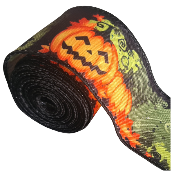 Jack-O'-Lantern Pumpkin on Black Ribbon - 63mm x 3m Wired Edge