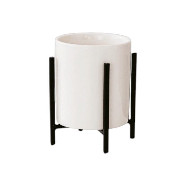 Minimalistic Ceramic Plant Holder With Sturdy Metal Stand - Medium - White