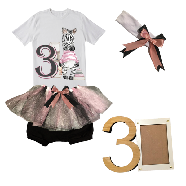3rd Birthday-Zebra Pink Tutu Outfit-Short Sleeve With Photo Frame / 3