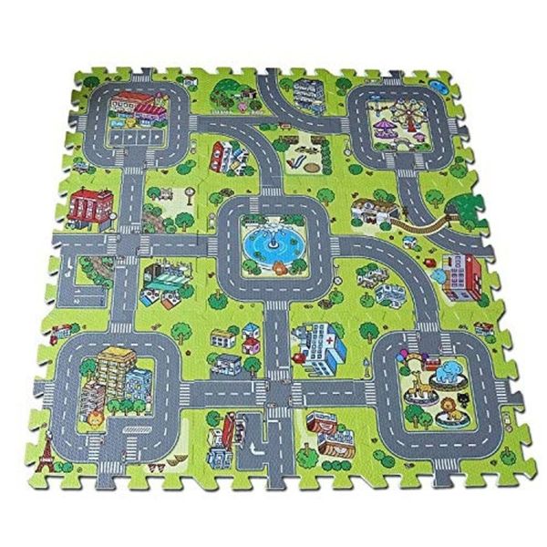 Road Map Puzzle Play Mat - 9 Piece EVA Foam Tiles with City Design