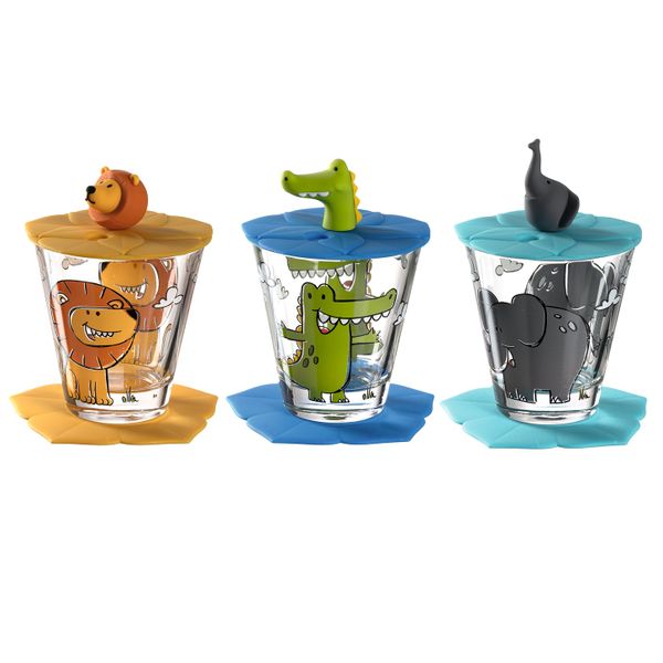 Leonardo Children's Glass, Saucer &amp; Lid Set of 3: Lion, Croco &amp; Elephant