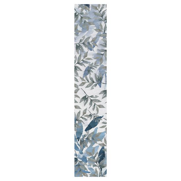Water Painted Blue and Grey Leaves Table Runner