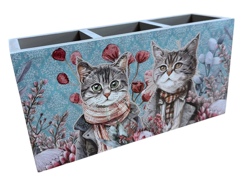 Cutlery/Stationery Holder - 2 Beautiful Grey Cats with Black Stripes