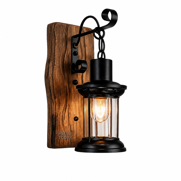 Hello Today Vintage Rustic Iron &amp; Wood Wall Lamp