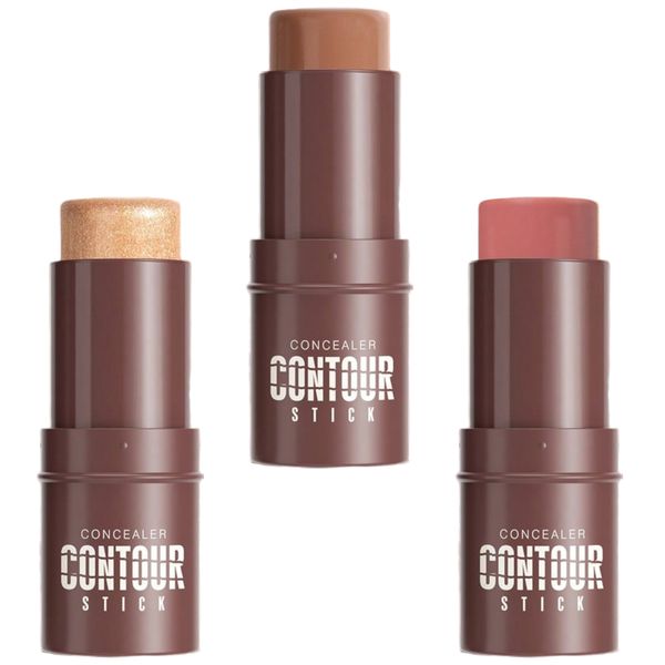 3pcs Contour, Highlighter &amp; Blush Stick Set - Multifunctional Cream Makeup