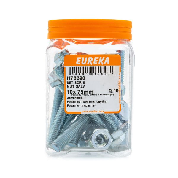 EUREKA Set Screw &amp; Nut Galvanised 10 x 75mm Q:8 H7B390