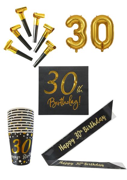 Black &amp; Gold Happy 30th Birthday Party Pack Combo Decorations &amp; Serveware