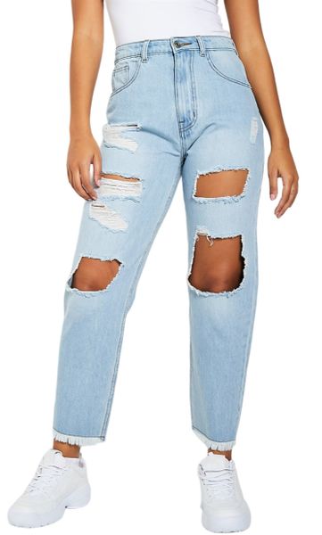 I Saw It First Ladies - Light Wash Distressed Hem Ripped Mom Jeans
