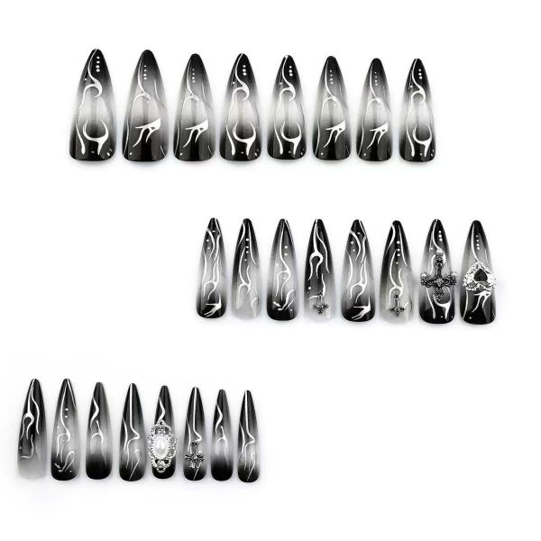 Press On Nails Black Cross Long Stiletto Nails