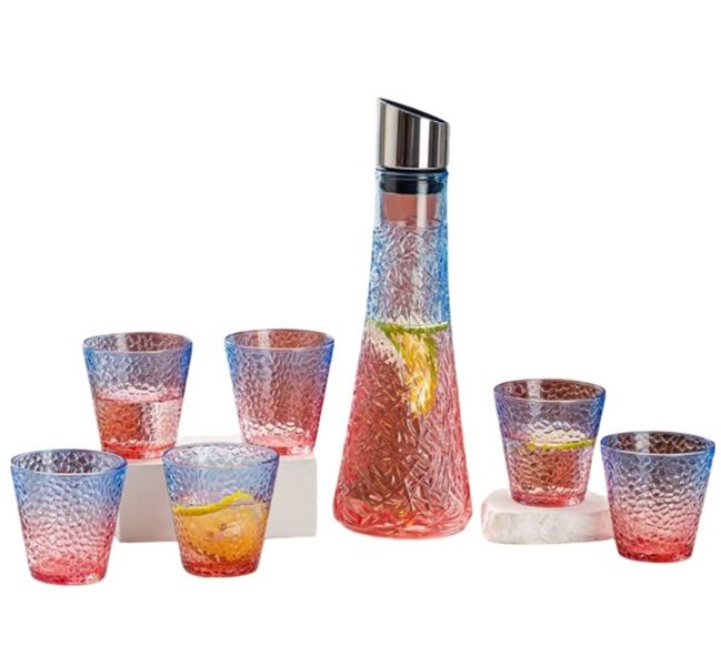 Transparent Hammered Texture 6 Glass Cup Set With 1000ml Jug - 7 Piece