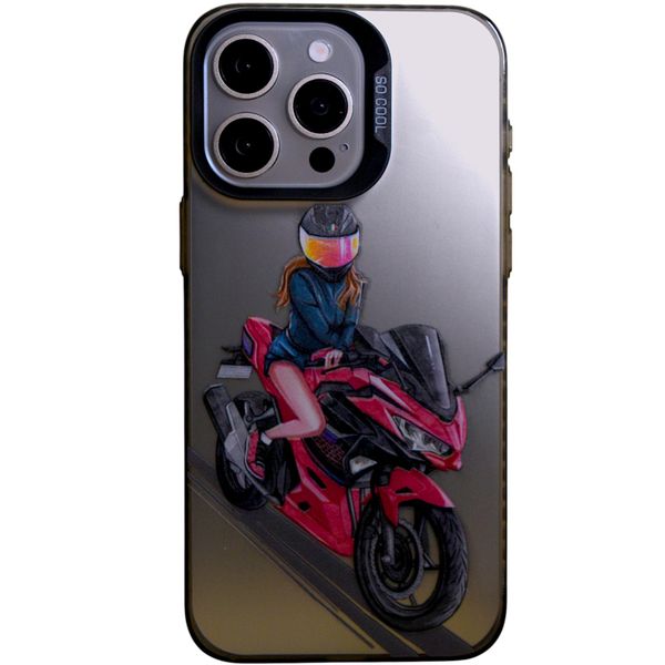 Phone Case with Female Biker - Compatible with iPhone 15 Pro Max - Chrome