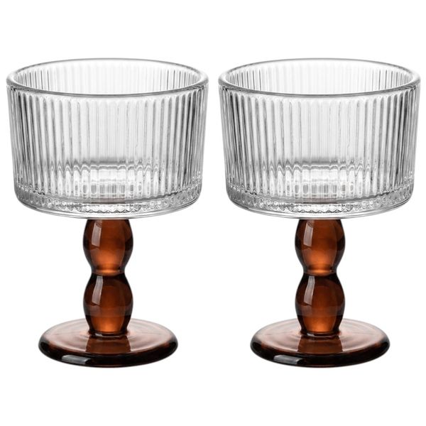 2 Pack - Modern Ribbed Glass Serving Cups - Transparent - Brown