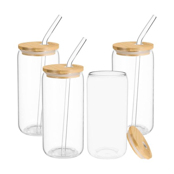450ml Aesthetic Glass Cup with Anti-Spill Bamboo Lid &amp; Glass Straw 4 Packs