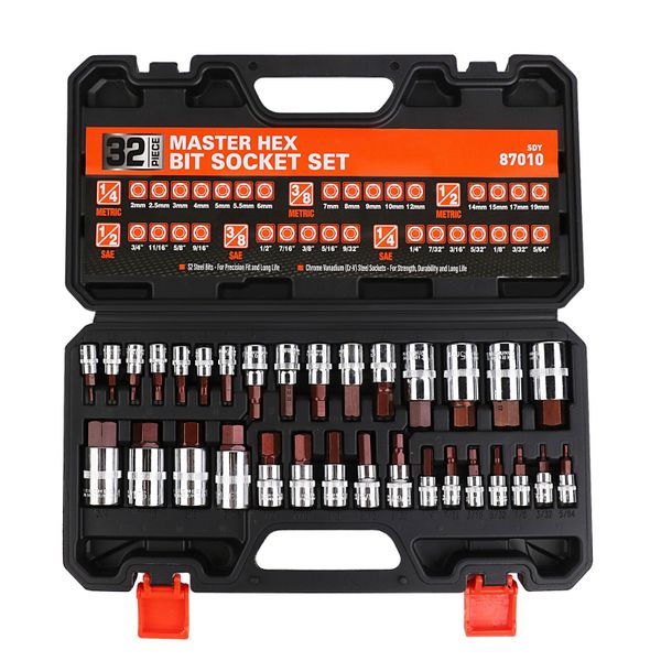 Hex Bit Socket Set 32PC SAE Metric 1/2" 3/8" 1/4" Driver S2 Steel W/Case PK
