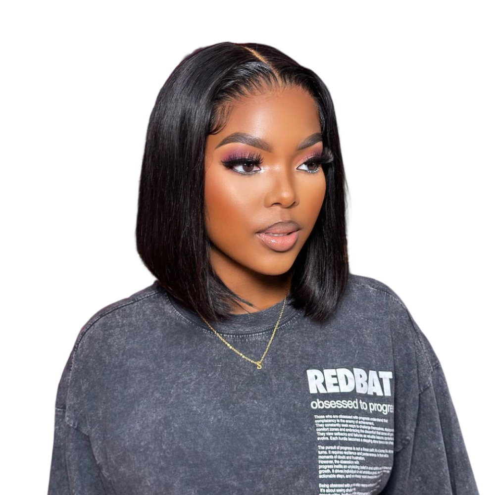 Geebuy 10In Straight Bob Human Hair Wig Natural Black 13x4 Lace Front Wig