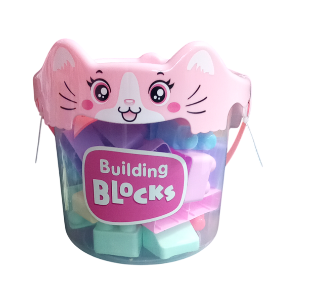 Kids Educational Building Blocks In A Bucket with Pink Lid