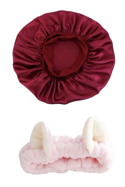 Silk Luxury Hair Bonnet with Pink Rabbit Makeup Headband