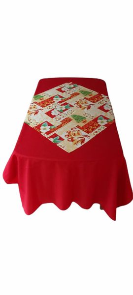 Red Tablecloth With Christmas Themed Overlay: 8 Seater