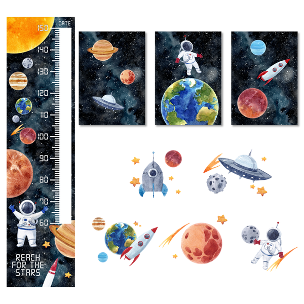 Nursery Wall Art - 3 x A3 Canvases + Vinyl Decals + Height Chart - Space